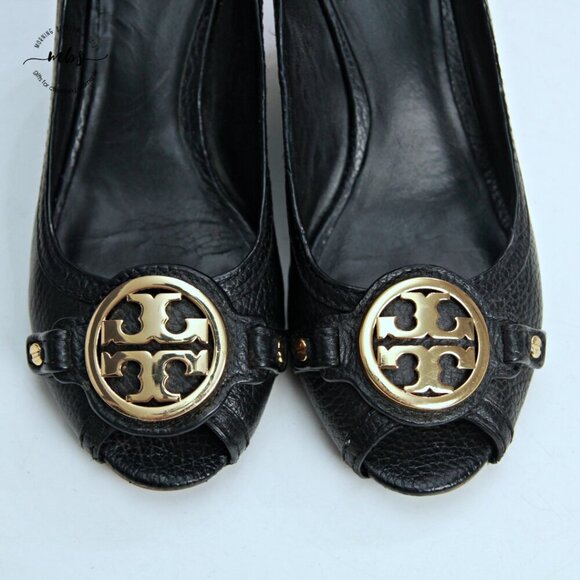 Tory Burch Letitia Leather Peep Toe Wedge Black Gold Women 6.5 - Picture 11 of 13